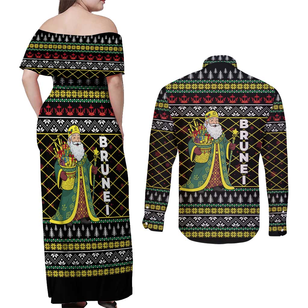 Brunei Christmas Couples Matching Off Shoulder Maxi Dress and Long Sleeve Button Shirt with Traditional Santa Gift Basket and Black Yellow Red Holiday Pattern - Wonder Print Shop