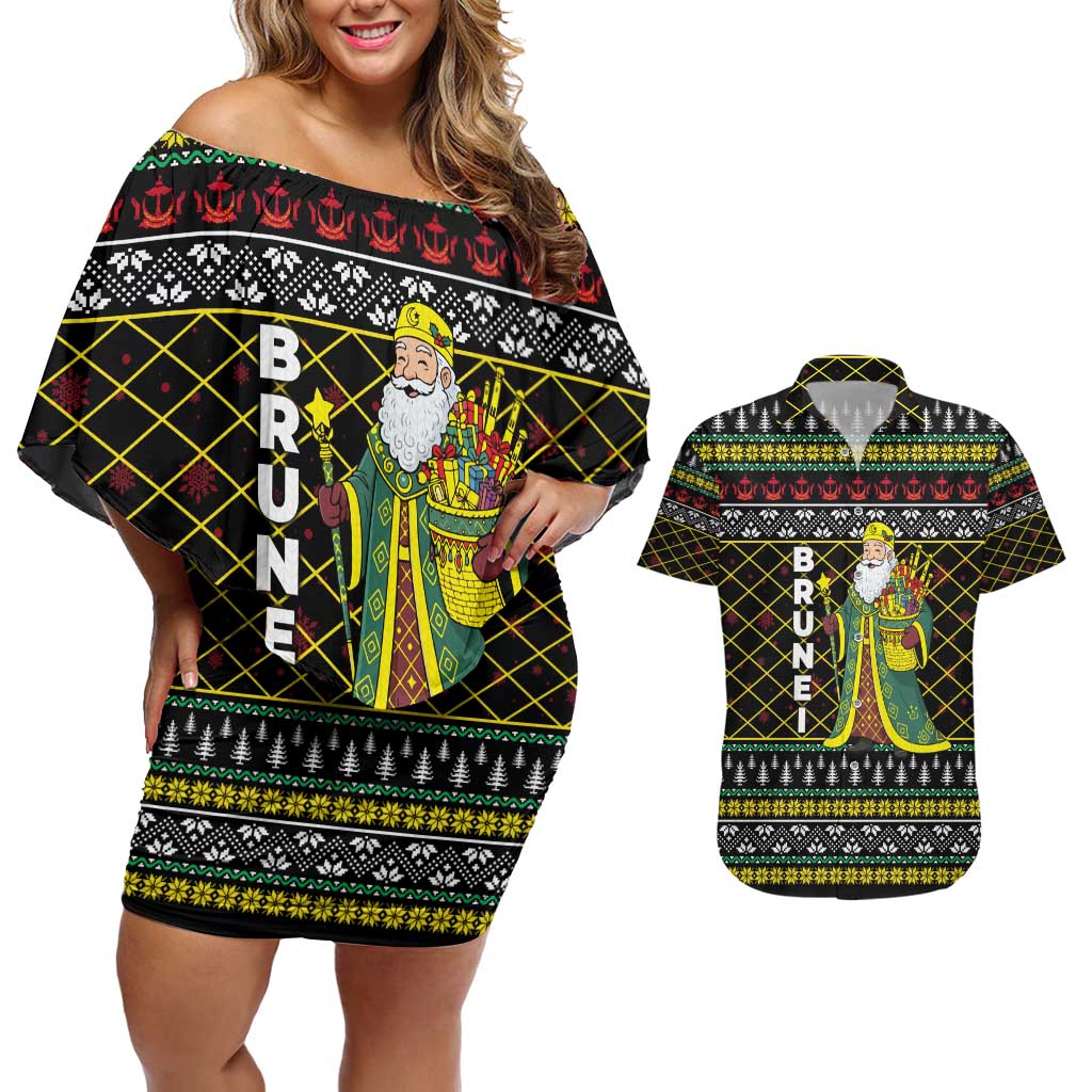 Brunei Christmas Couples Matching Off Shoulder Short Dress and Hawaiian Shirt with Traditional Santa Gift Basket and Black Yellow Red Holiday Pattern - Wonder Print Shop