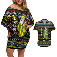 Brunei Christmas Couples Matching Off Shoulder Short Dress and Hawaiian Shirt with Traditional Santa Gift Basket and Black Yellow Red Holiday Pattern - Wonder Print Shop