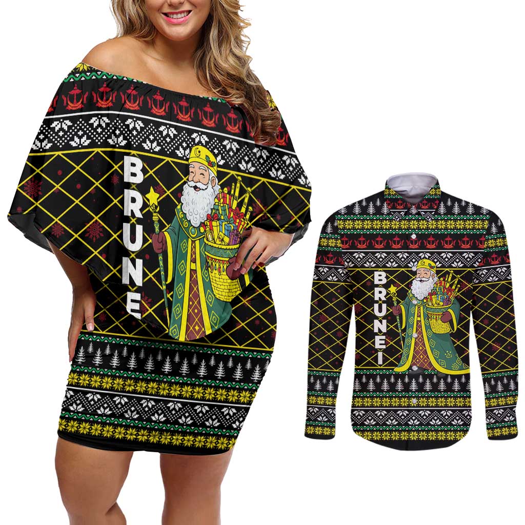 Brunei Christmas Couples Matching Off Shoulder Short Dress and Long Sleeve Button Shirt with Traditional Santa Gift Basket and Black Yellow Red Holiday Pattern - Wonder Print Shop