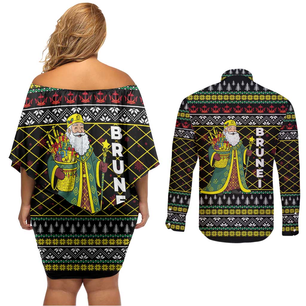 Brunei Christmas Couples Matching Off Shoulder Short Dress and Long Sleeve Button Shirt with Traditional Santa Gift Basket and Black Yellow Red Holiday Pattern - Wonder Print Shop