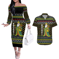 Brunei Christmas Couples Matching Off The Shoulder Long Sleeve Dress and Hawaiian Shirt with Traditional Santa Gift Basket and Black Yellow Red Holiday Pattern - Wonder Print Shop