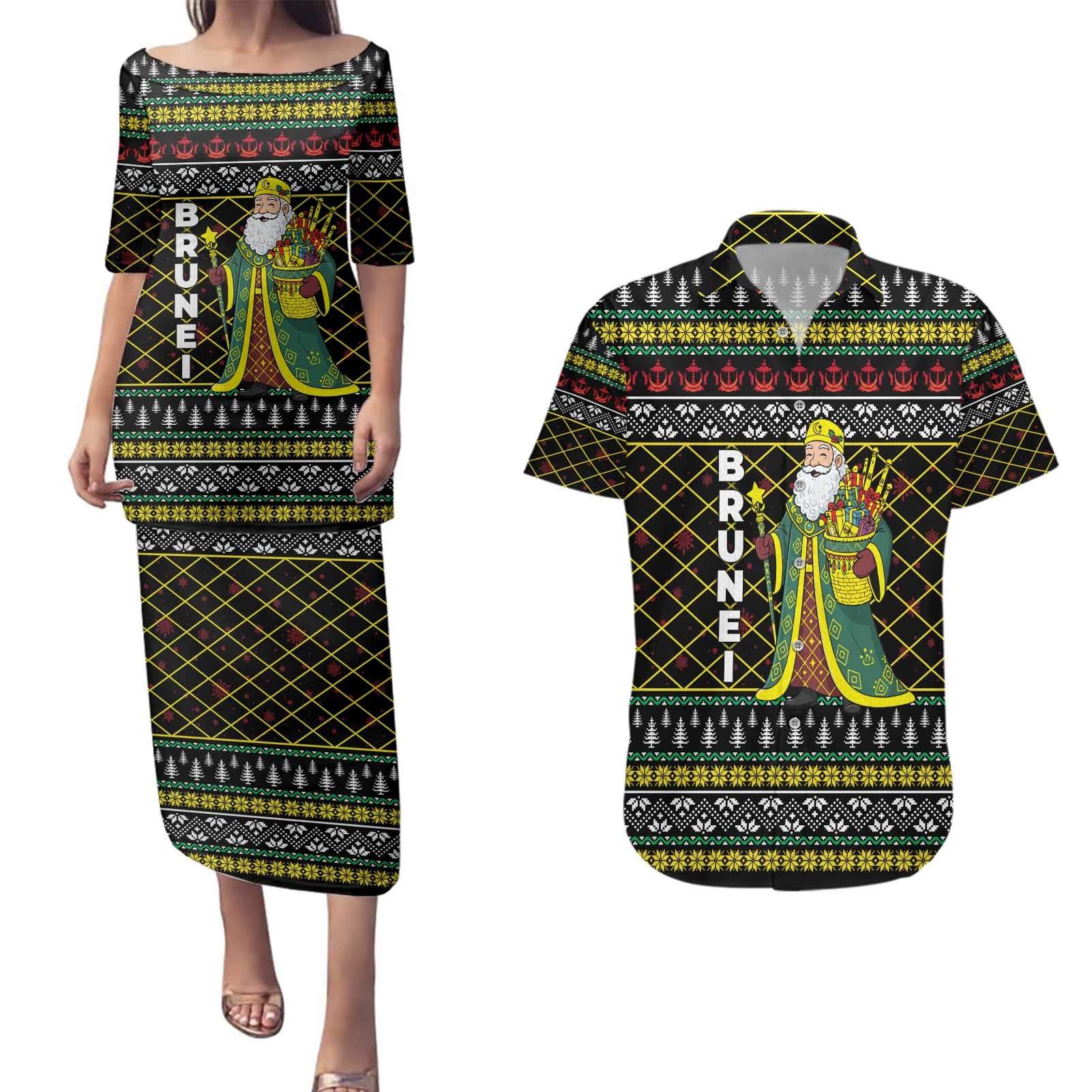 Brunei Christmas Couples Matching Puletasi and Hawaiian Shirt with Traditional Santa Gift Basket and Black Yellow Red Holiday Pattern - Wonder Print Shop