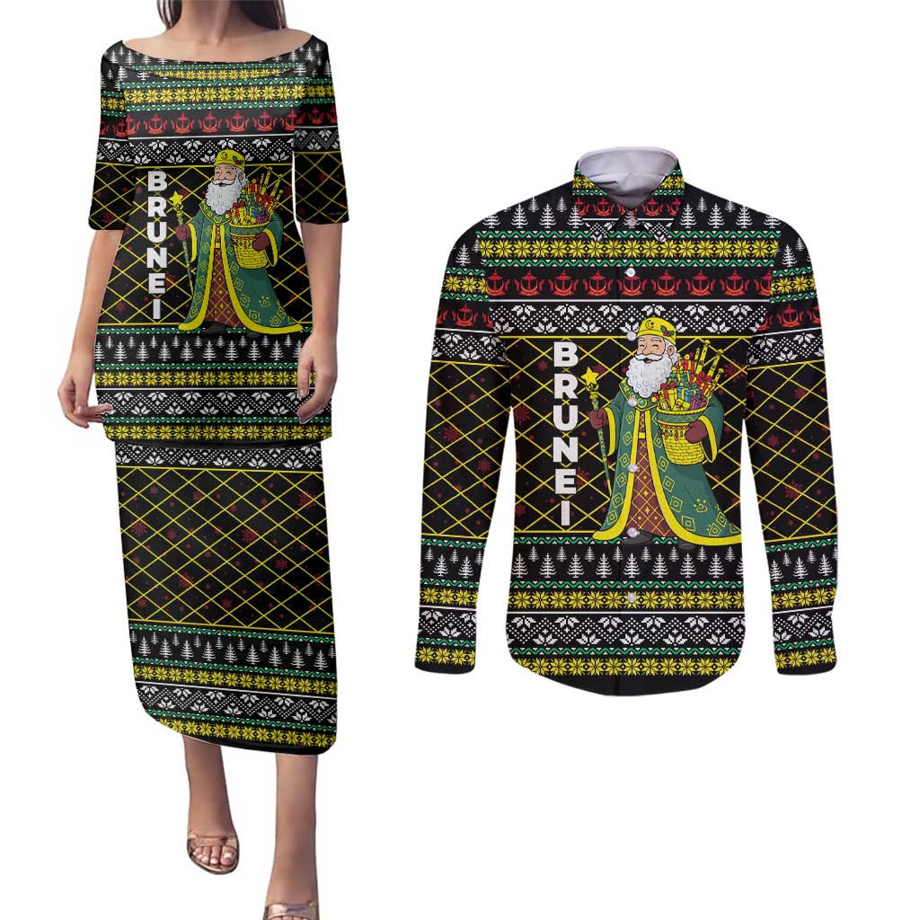 Brunei Christmas Couples Matching Puletasi and Long Sleeve Button Shirt with Traditional Santa Gift Basket and Black Yellow Red Holiday Pattern - Wonder Print Shop