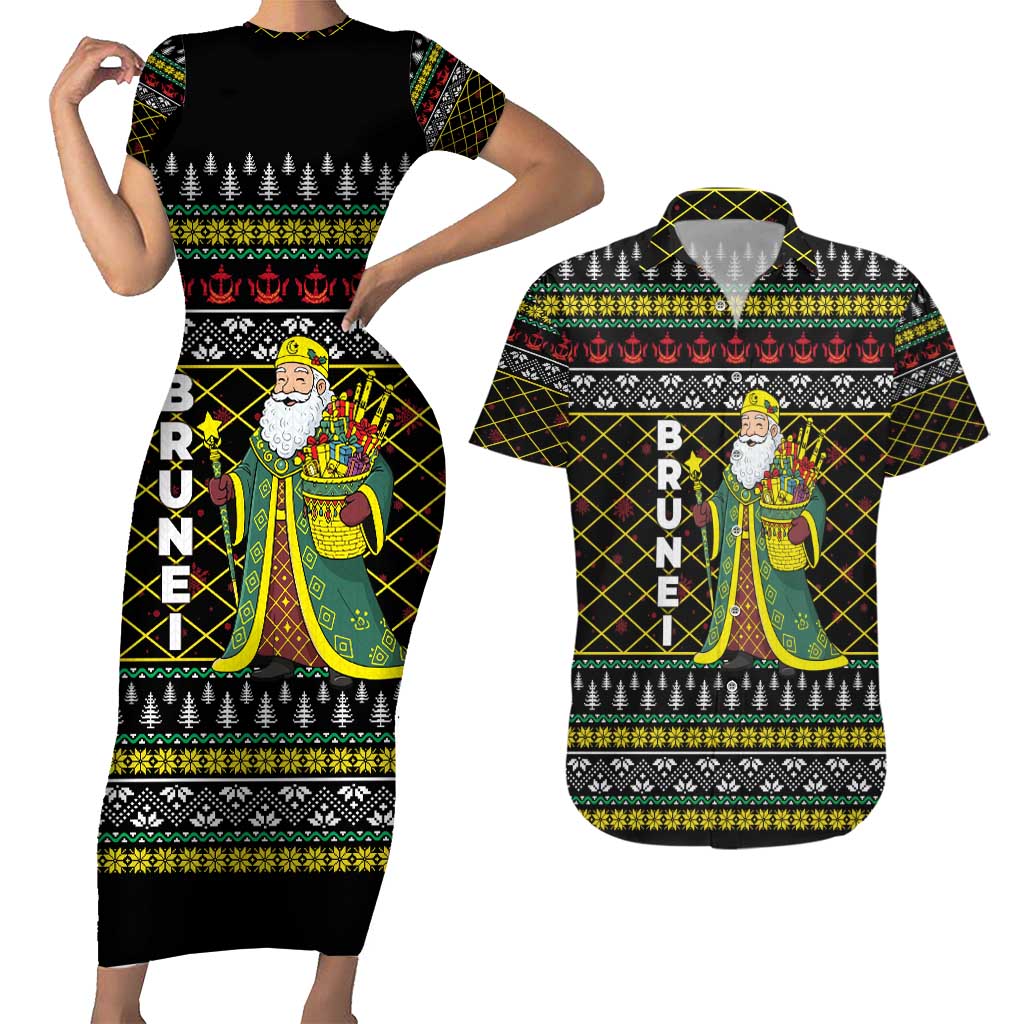 Brunei Christmas Couples Matching Short Sleeve Bodycon Dress and Hawaiian Shirt with Traditional Santa Gift Basket and Black Yellow Red Holiday Pattern - Wonder Print Shop