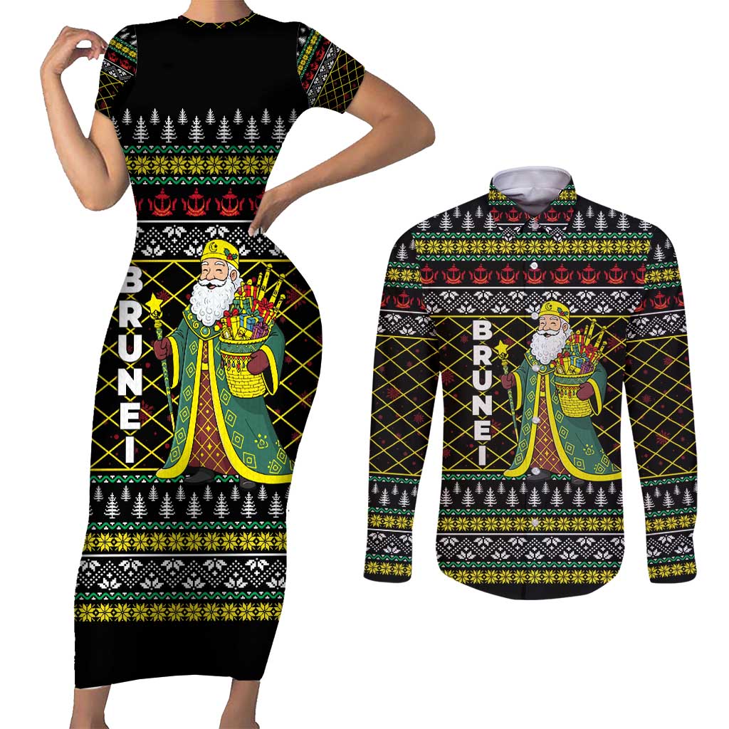 Brunei Christmas Couples Matching Short Sleeve Bodycon Dress and Long Sleeve Button Shirt with Traditional Santa Gift Basket and Black Yellow Red Holiday Pattern - Wonder Print Shop