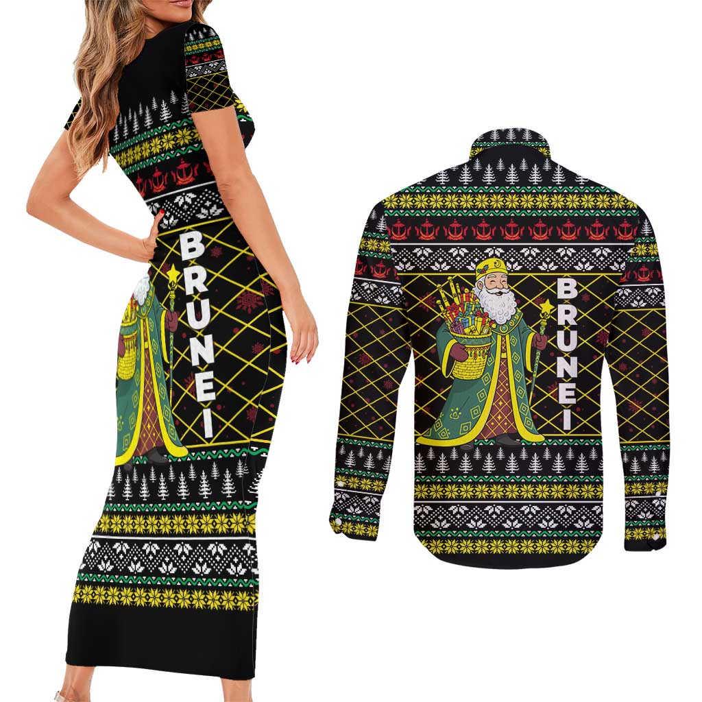 Brunei Christmas Couples Matching Short Sleeve Bodycon Dress and Long Sleeve Button Shirt with Traditional Santa Gift Basket and Black Yellow Red Holiday Pattern - Wonder Print Shop