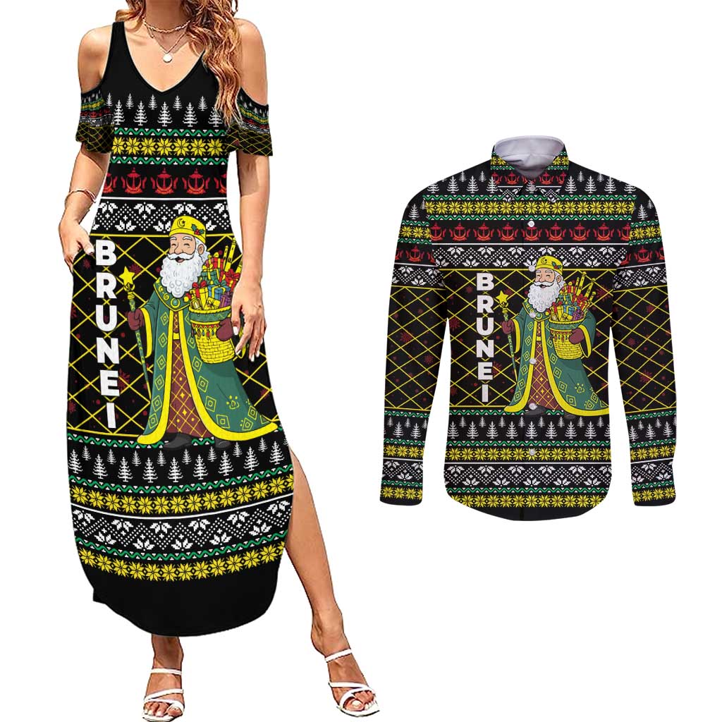 Brunei Christmas Couples Matching Summer Maxi Dress and Long Sleeve Button Shirt with Traditional Santa Gift Basket and Black Yellow Red Holiday Pattern - Wonder Print Shop