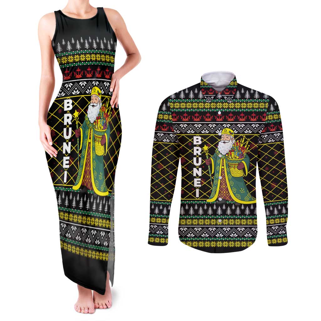Brunei Christmas Couples Matching Tank Maxi Dress and Long Sleeve Button Shirt with Traditional Santa Gift Basket and Black Yellow Red Holiday Pattern - Wonder Print Shop