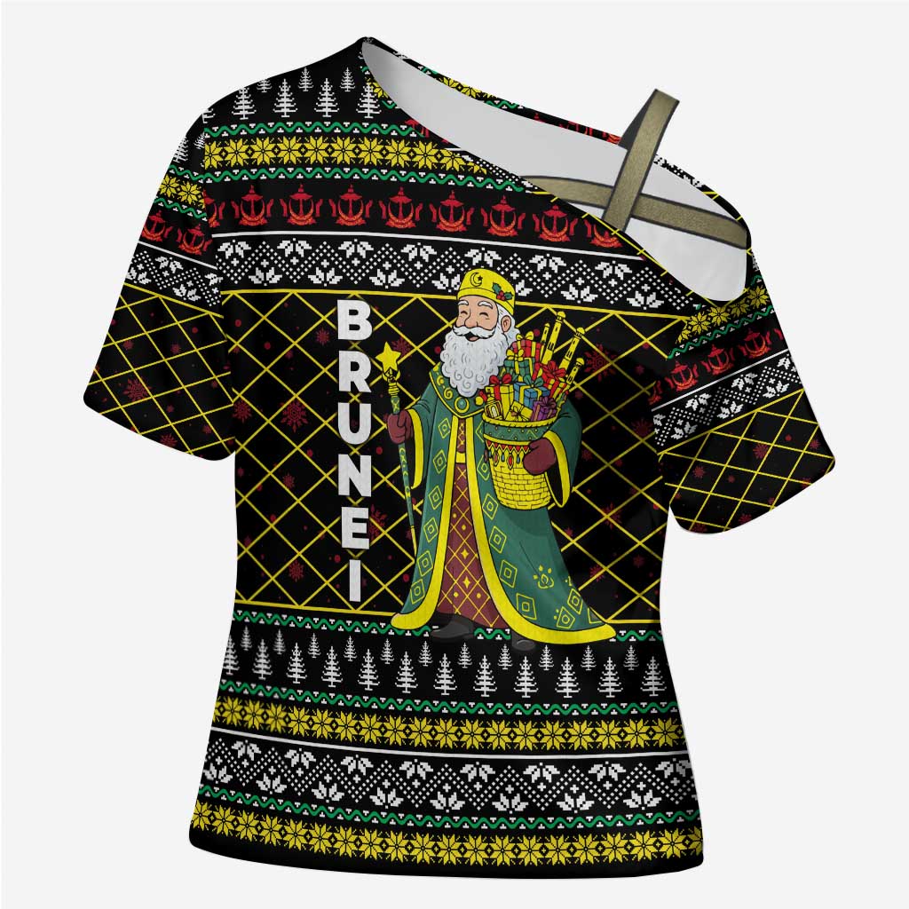 Brunei Christmas Cross Shoulder Shirt with Traditional Santa Gift Basket and Black Yellow Red Holiday Pattern - Wonder Print Shop