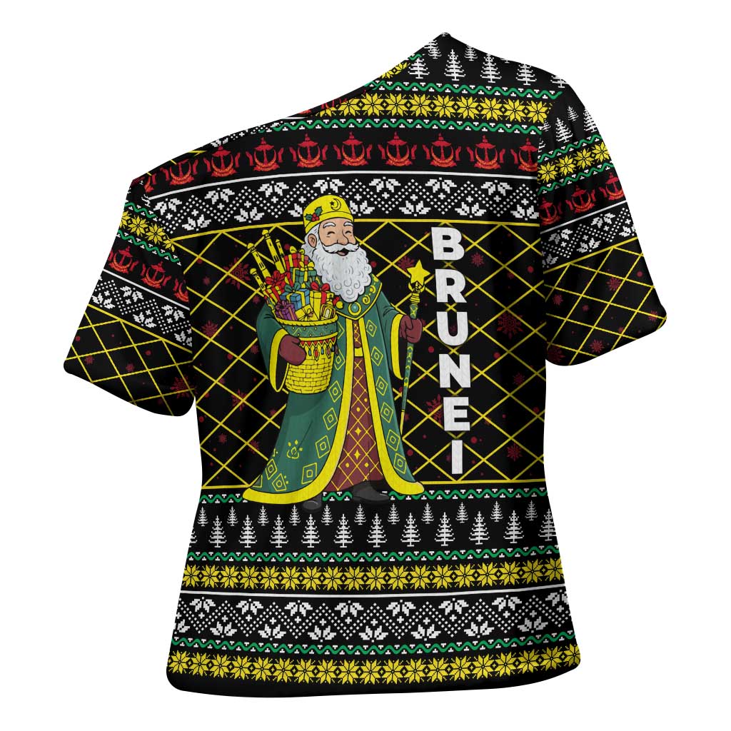 Brunei Christmas Cross Shoulder Shirt with Traditional Santa Gift Basket and Black Yellow Red Holiday Pattern - Wonder Print Shop