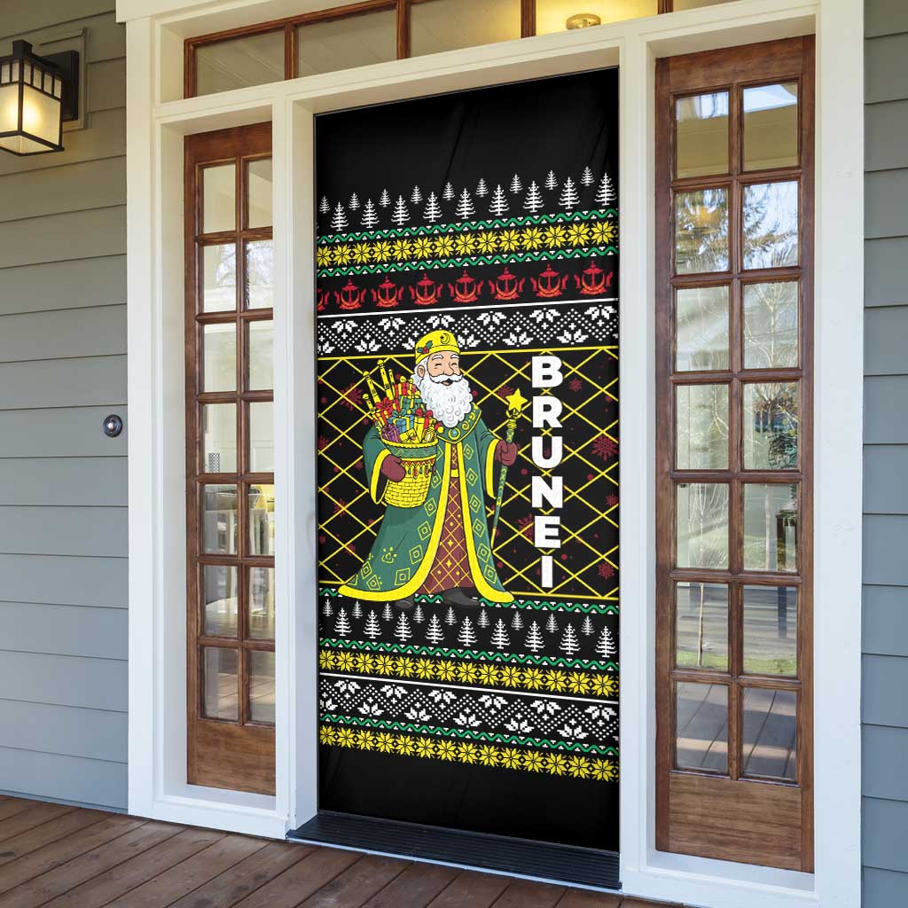 Brunei Christmas Door Cover with Traditional Santa Gift Basket and Black Yellow Red Holiday Pattern - Wonder Print Shop