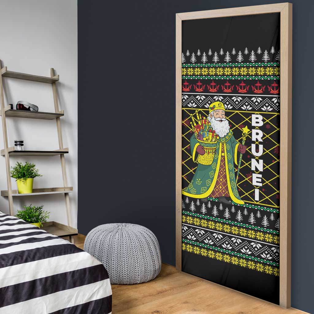 Brunei Christmas Door Cover with Traditional Santa Gift Basket and Black Yellow Red Holiday Pattern - Wonder Print Shop