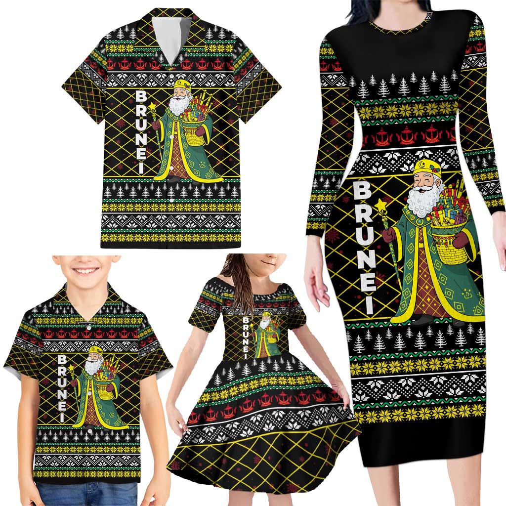 Brunei Christmas Family Matching Long Sleeve Bodycon Dress and Hawaiian Shirt with Traditional Santa Gift Basket and Black Yellow Red Holiday Pattern - Wonder Print Shop