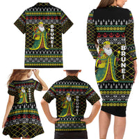 Brunei Christmas Family Matching Long Sleeve Bodycon Dress and Hawaiian Shirt with Traditional Santa Gift Basket and Black Yellow Red Holiday Pattern - Wonder Print Shop