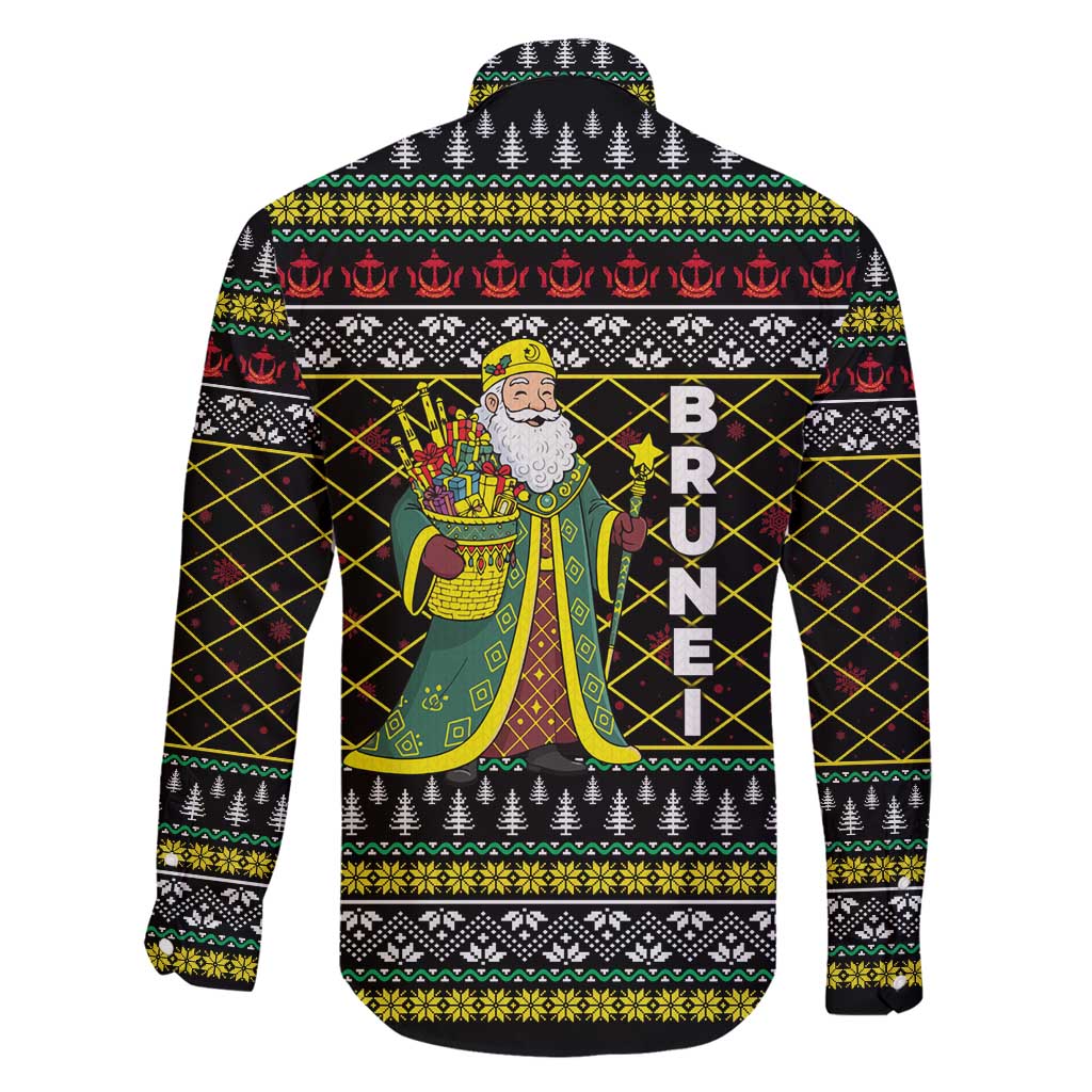 Brunei Christmas Family Matching Long Sleeve Bodycon Dress and Hawaiian Shirt with Traditional Santa Gift Basket and Black Yellow Red Holiday Pattern - Wonder Print Shop