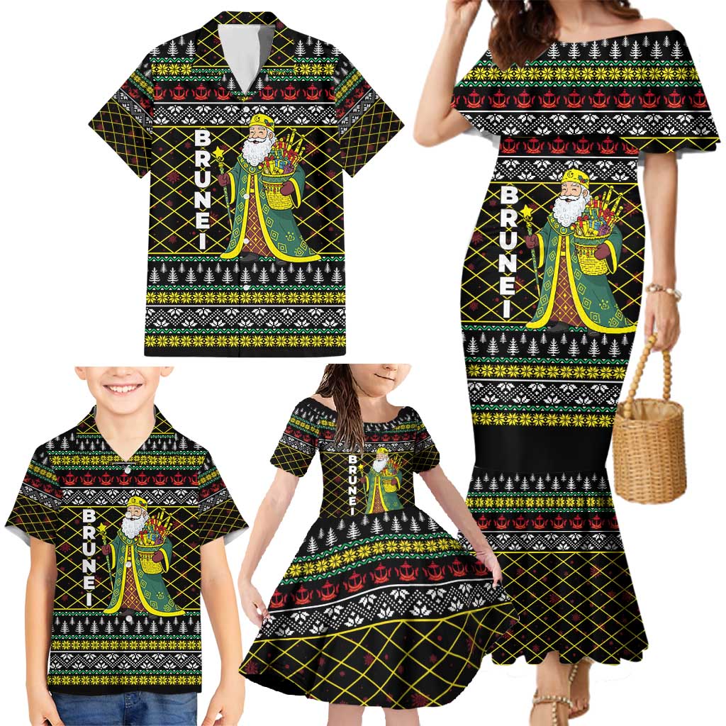 Brunei Christmas Family Matching Mermaid Dress and Hawaiian Shirt with Traditional Santa Gift Basket and Black Yellow Red Holiday Pattern - Wonder Print Shop