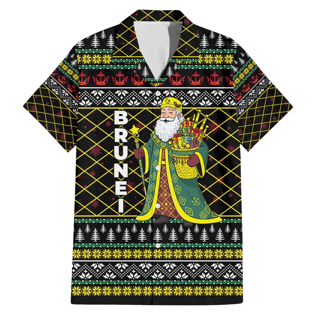 Brunei Christmas Family Matching Mermaid Dress and Hawaiian Shirt with Traditional Santa Gift Basket and Black Yellow Red Holiday Pattern - Wonder Print Shop