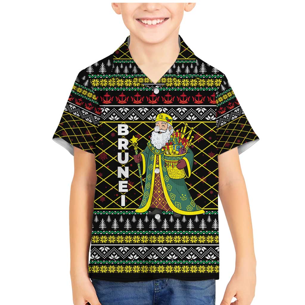 Brunei Christmas Family Matching Mermaid Dress and Hawaiian Shirt with Traditional Santa Gift Basket and Black Yellow Red Holiday Pattern - Wonder Print Shop