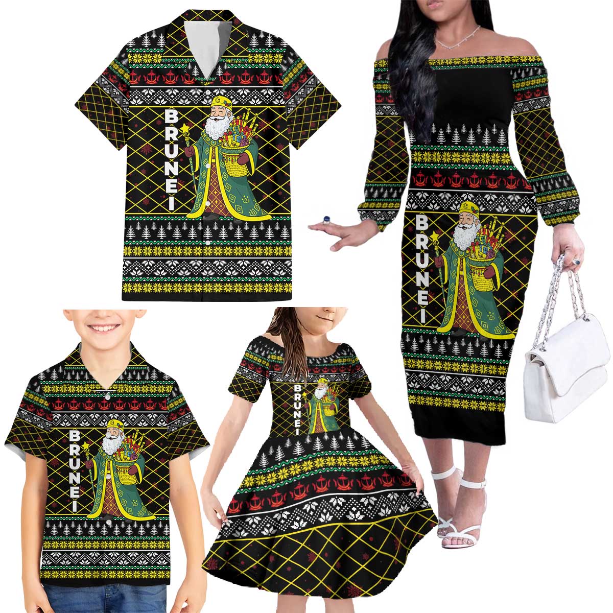 Brunei Christmas Family Matching Off The Shoulder Long Sleeve Dress and Hawaiian Shirt with Traditional Santa Gift Basket and Black Yellow Red Holiday Pattern - Wonder Print Shop