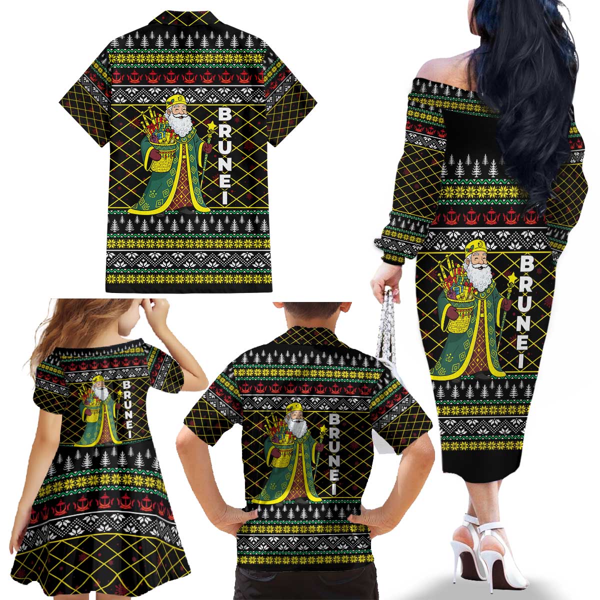 Brunei Christmas Family Matching Off The Shoulder Long Sleeve Dress and Hawaiian Shirt with Traditional Santa Gift Basket and Black Yellow Red Holiday Pattern - Wonder Print Shop