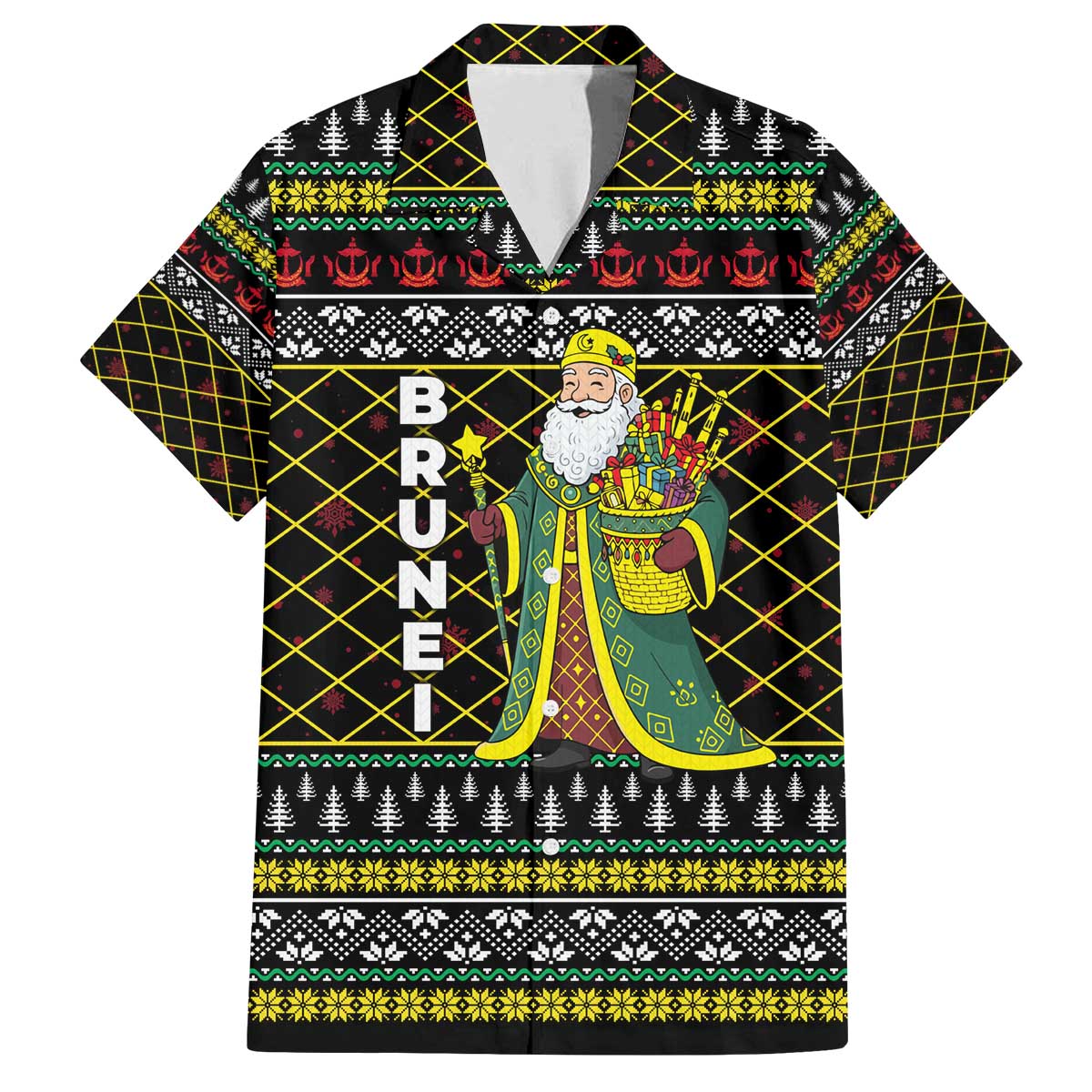Brunei Christmas Family Matching Off The Shoulder Long Sleeve Dress and Hawaiian Shirt with Traditional Santa Gift Basket and Black Yellow Red Holiday Pattern - Wonder Print Shop