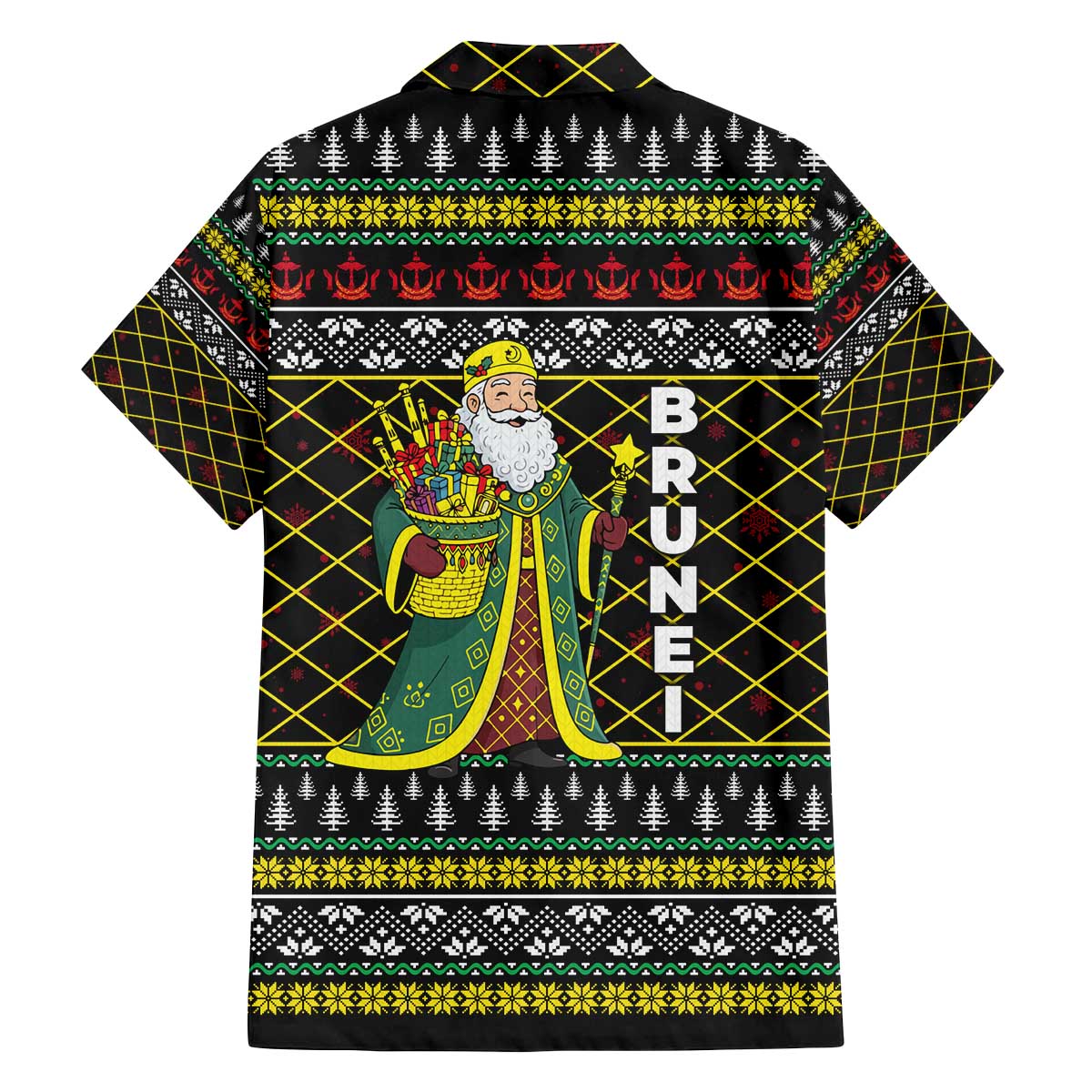 Brunei Christmas Family Matching Off The Shoulder Long Sleeve Dress and Hawaiian Shirt with Traditional Santa Gift Basket and Black Yellow Red Holiday Pattern - Wonder Print Shop