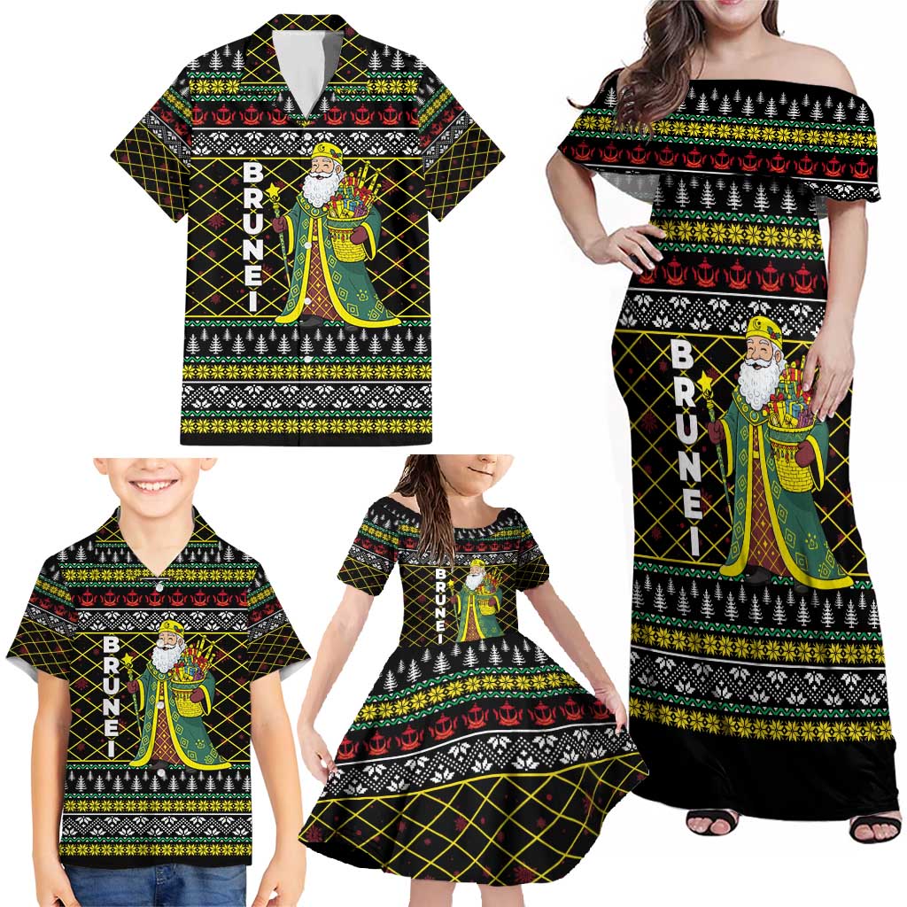 Brunei Christmas Family Matching Off Shoulder Maxi Dress and Hawaiian Shirt with Traditional Santa Gift Basket and Black Yellow Red Holiday Pattern - Wonder Print Shop