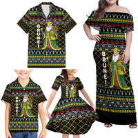 Brunei Christmas Family Matching Off Shoulder Maxi Dress and Hawaiian Shirt with Traditional Santa Gift Basket and Black Yellow Red Holiday Pattern - Wonder Print Shop