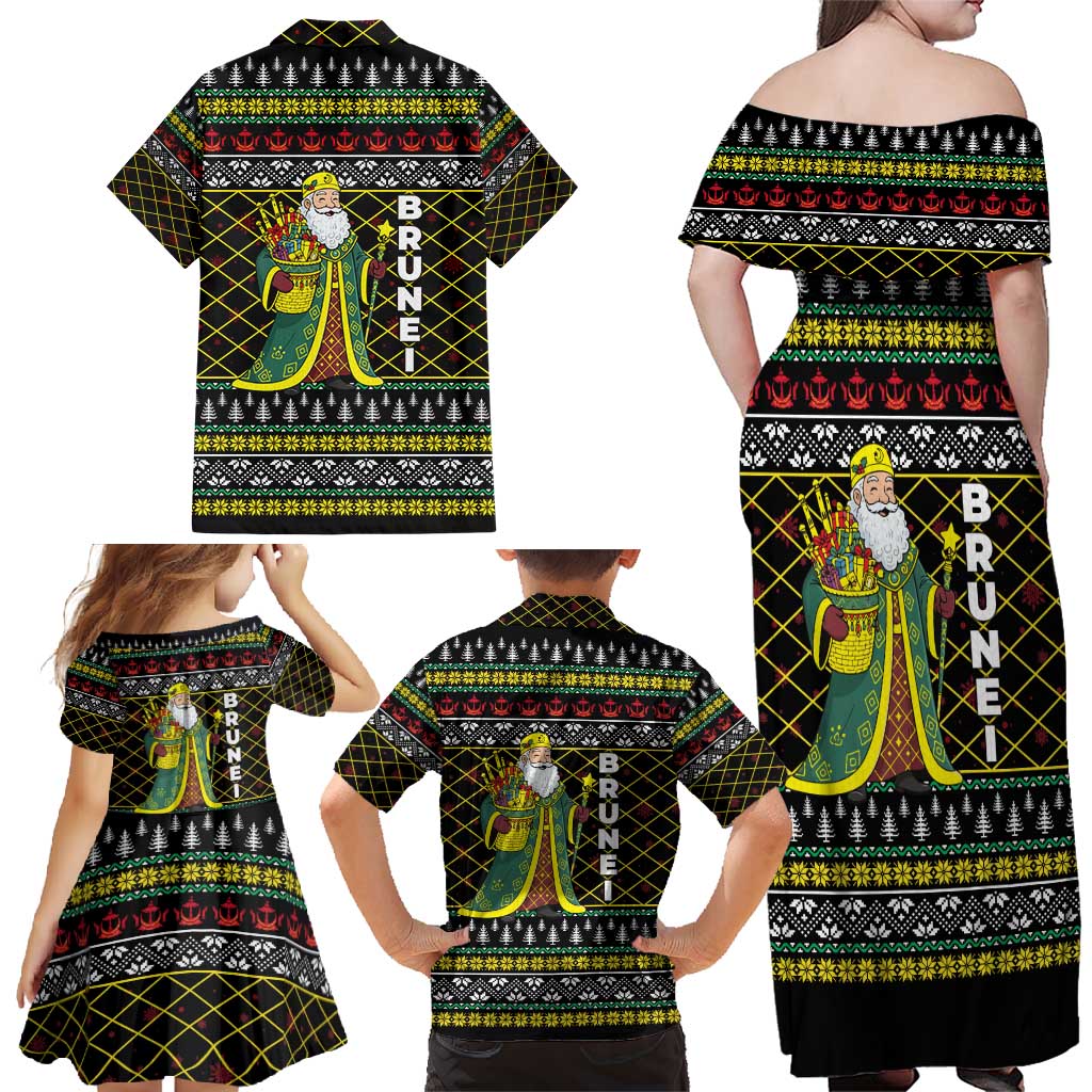 Brunei Christmas Family Matching Off Shoulder Maxi Dress and Hawaiian Shirt with Traditional Santa Gift Basket and Black Yellow Red Holiday Pattern - Wonder Print Shop
