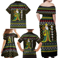 Brunei Christmas Family Matching Off Shoulder Maxi Dress and Hawaiian Shirt with Traditional Santa Gift Basket and Black Yellow Red Holiday Pattern - Wonder Print Shop