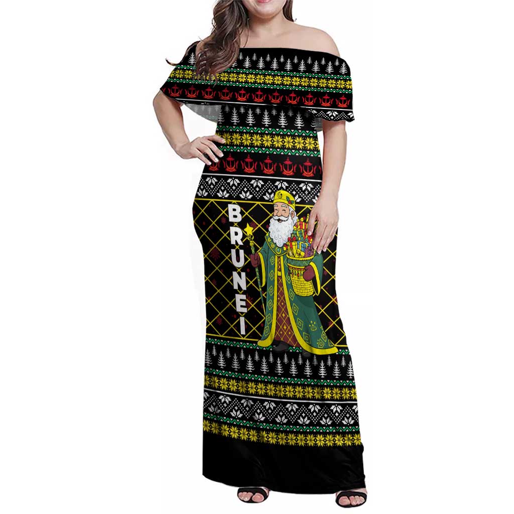 Brunei Christmas Family Matching Off Shoulder Maxi Dress and Hawaiian Shirt with Traditional Santa Gift Basket and Black Yellow Red Holiday Pattern - Wonder Print Shop