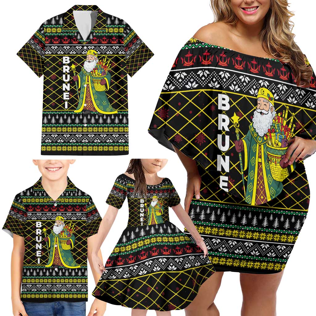 Brunei Christmas Family Matching Off Shoulder Short Dress and Hawaiian Shirt with Traditional Santa Gift Basket and Black Yellow Red Holiday Pattern - Wonder Print Shop