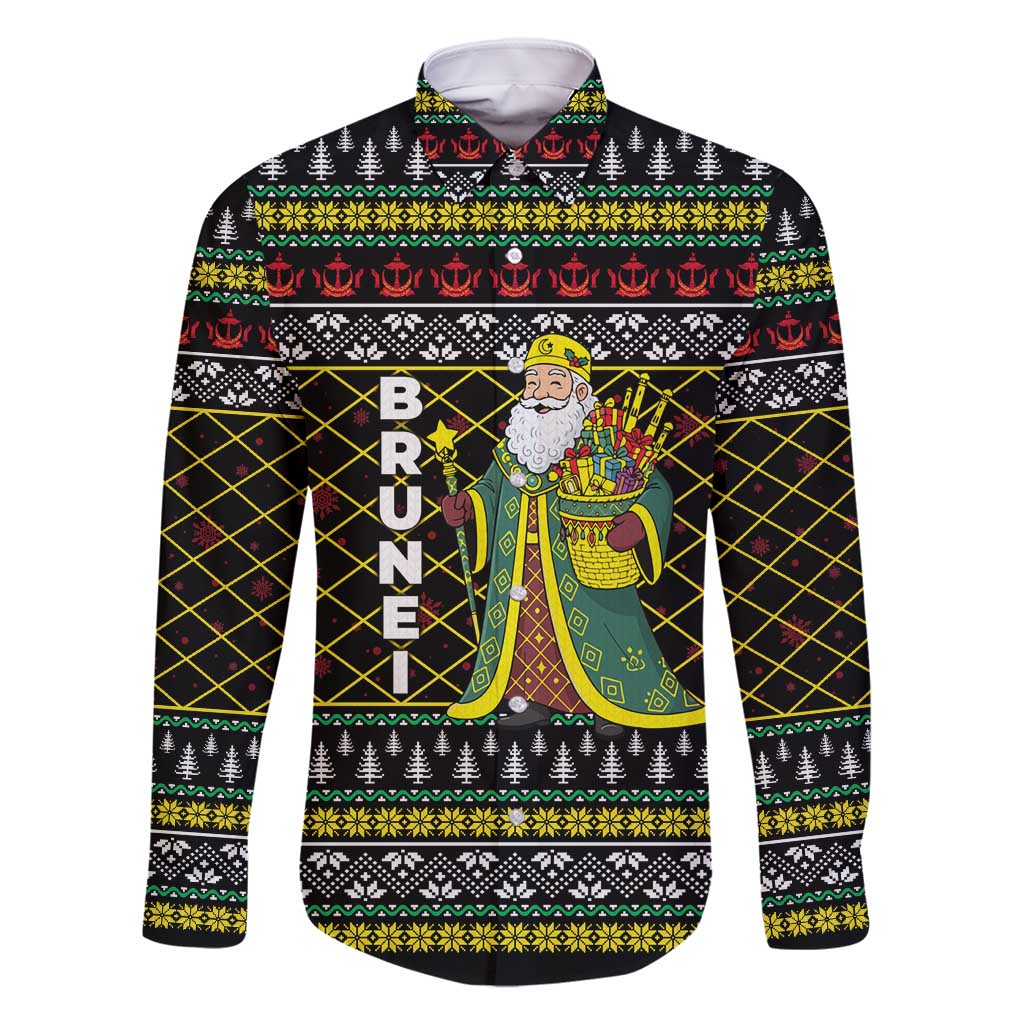 Brunei Christmas Family Matching Off Shoulder Short Dress and Hawaiian Shirt with Traditional Santa Gift Basket and Black Yellow Red Holiday Pattern - Wonder Print Shop