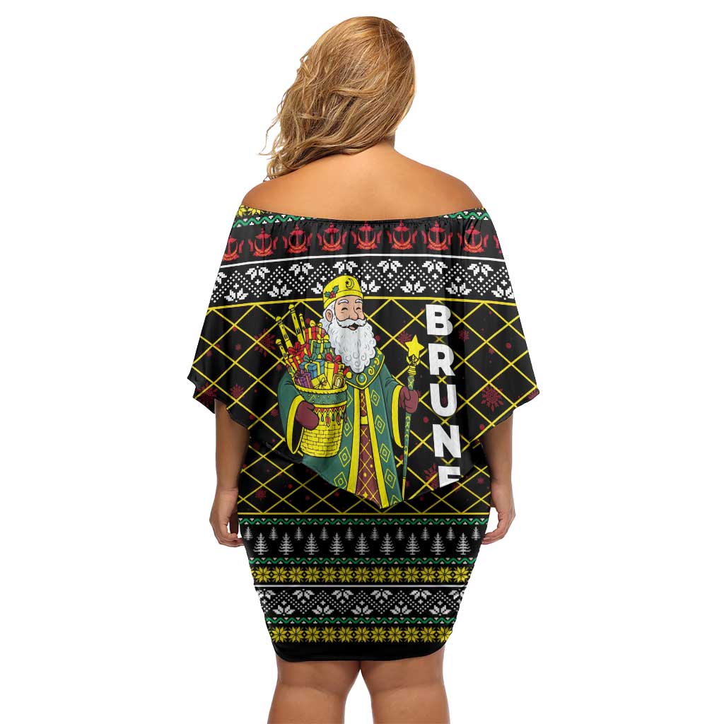 Brunei Christmas Family Matching Off Shoulder Short Dress and Hawaiian Shirt with Traditional Santa Gift Basket and Black Yellow Red Holiday Pattern - Wonder Print Shop