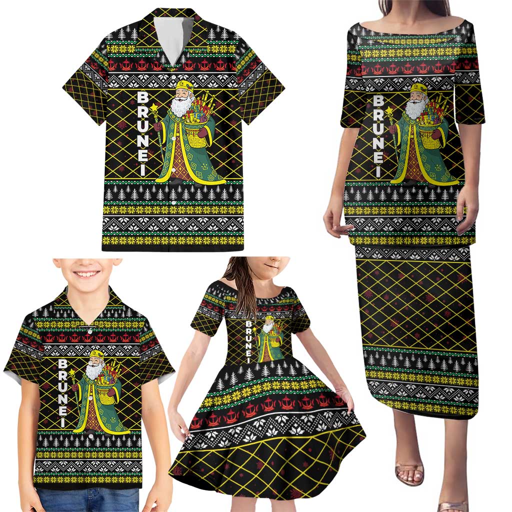 Brunei Christmas Family Matching Puletasi and Hawaiian Shirt with Traditional Santa Gift Basket and Black Yellow Red Holiday Pattern - Wonder Print Shop