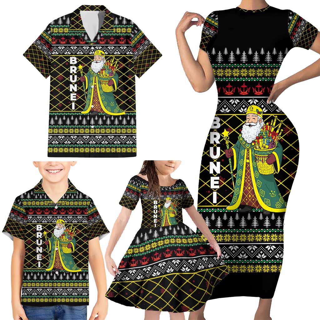 Brunei Christmas Family Matching Short Sleeve Bodycon Dress and Hawaiian Shirt with Traditional Santa Gift Basket and Black Yellow Red Holiday Pattern - Wonder Print Shop