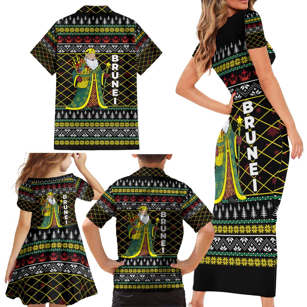 Brunei Christmas Family Matching Short Sleeve Bodycon Dress and Hawaiian Shirt with Traditional Santa Gift Basket and Black Yellow Red Holiday Pattern - Wonder Print Shop