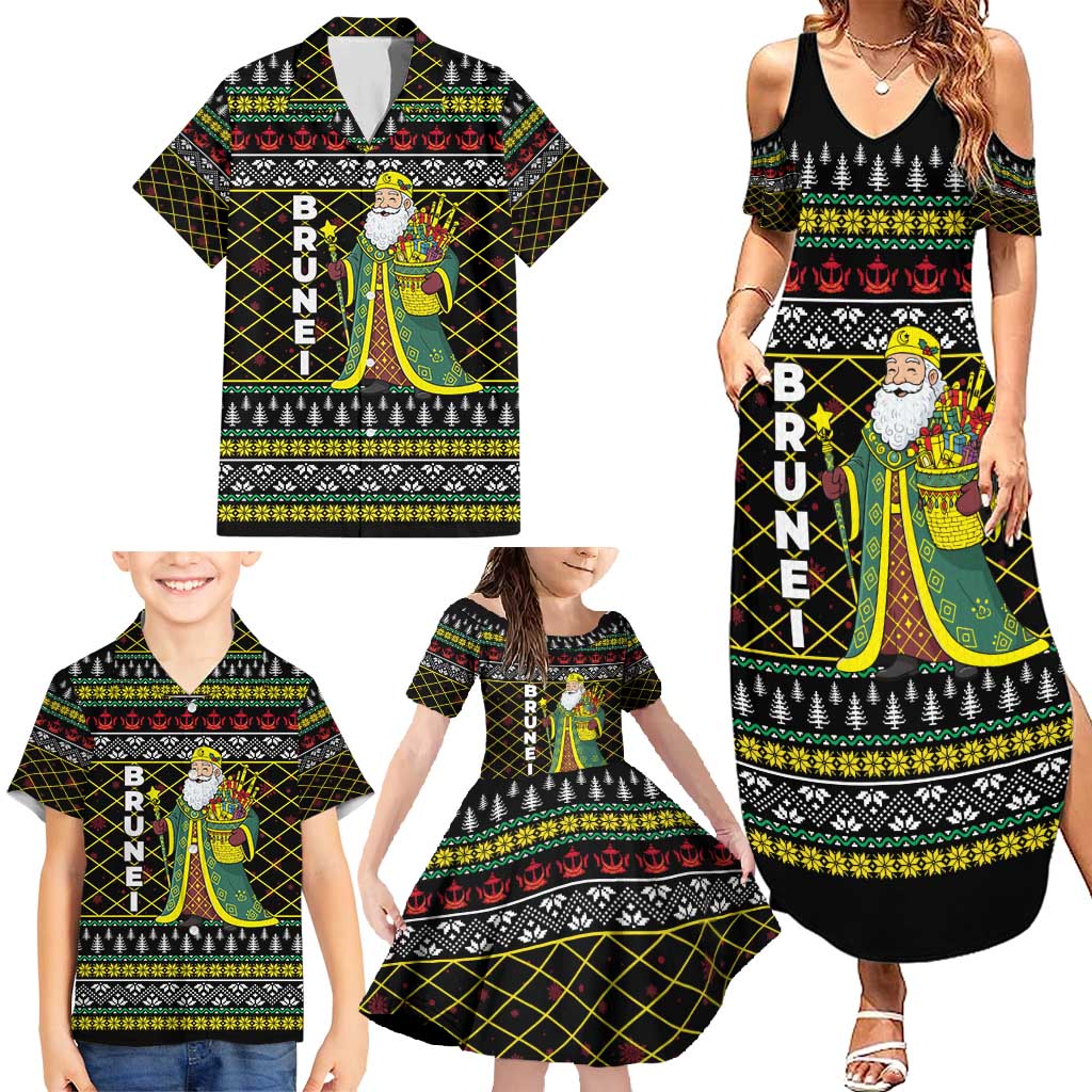 Brunei Christmas Family Matching Summer Maxi Dress and Hawaiian Shirt with Traditional Santa Gift Basket and Black Yellow Red Holiday Pattern - Wonder Print Shop
