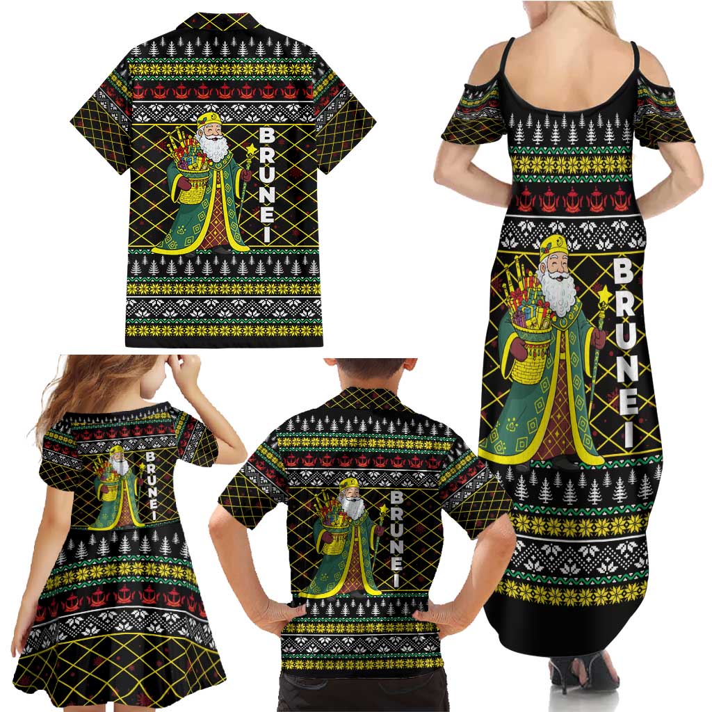 Brunei Christmas Family Matching Summer Maxi Dress and Hawaiian Shirt with Traditional Santa Gift Basket and Black Yellow Red Holiday Pattern - Wonder Print Shop