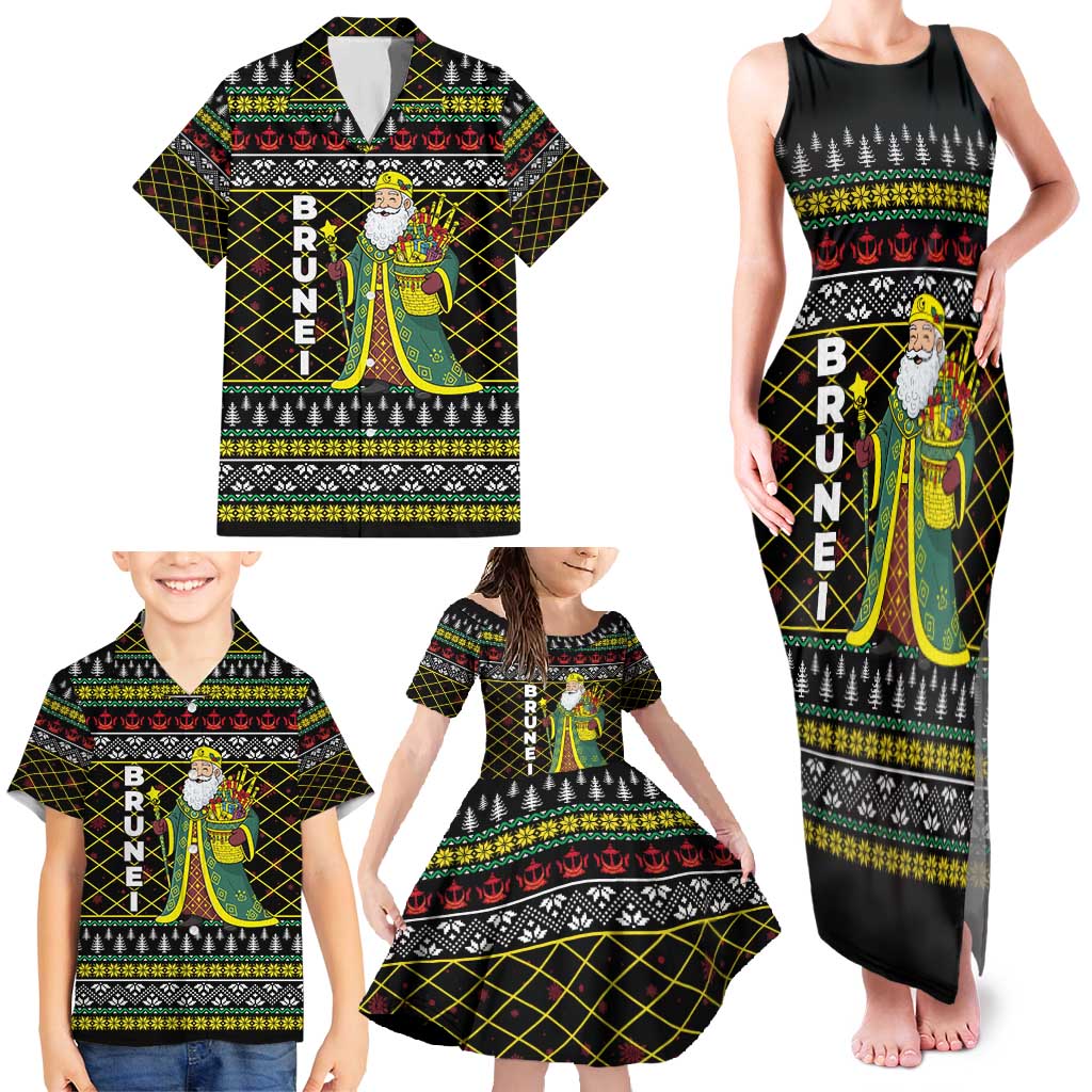 Brunei Christmas Family Matching Tank Maxi Dress and Hawaiian Shirt with Traditional Santa Gift Basket and Black Yellow Red Holiday Pattern - Wonder Print Shop