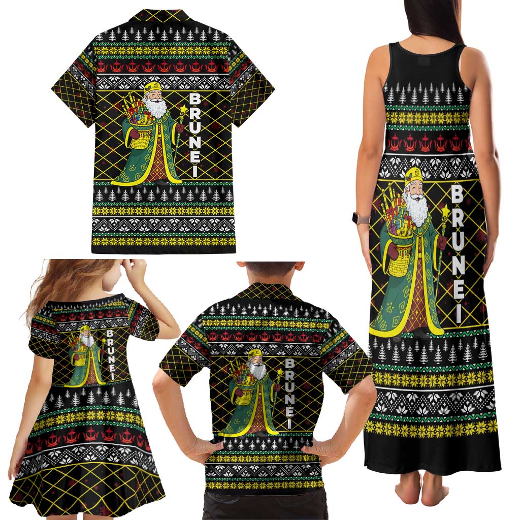 Brunei Christmas Family Matching Tank Maxi Dress and Hawaiian Shirt with Traditional Santa Gift Basket and Black Yellow Red Holiday Pattern - Wonder Print Shop