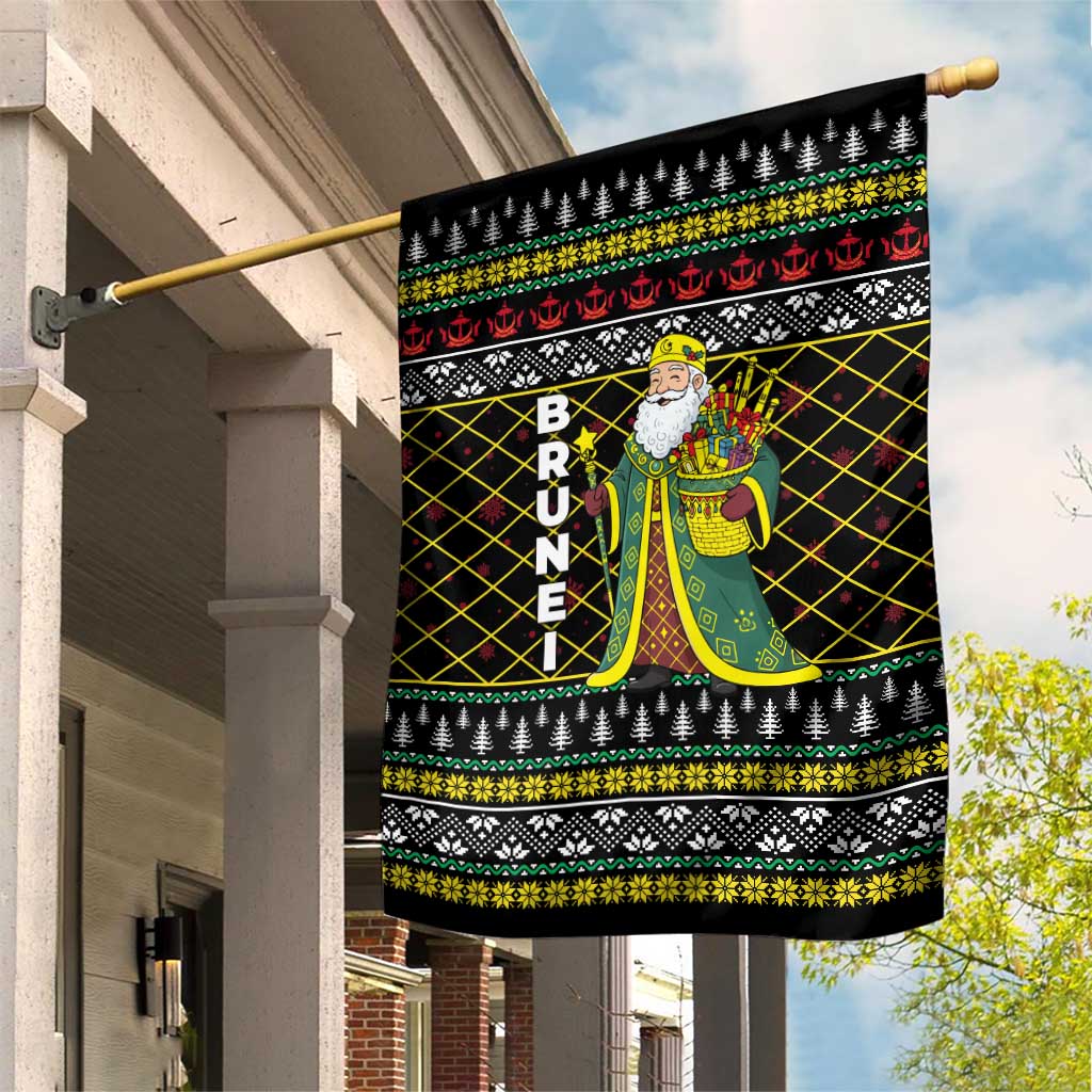 Brunei Christmas Garden Flag with Traditional Santa Gift Basket and Black Yellow Red Holiday Pattern - Wonder Print Shop