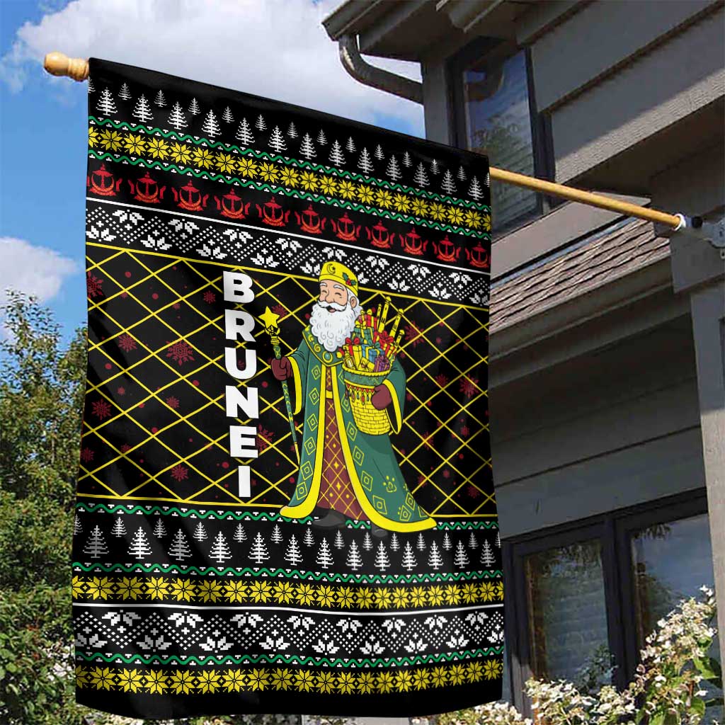 Brunei Christmas Garden Flag with Traditional Santa Gift Basket and Black Yellow Red Holiday Pattern - Wonder Print Shop
