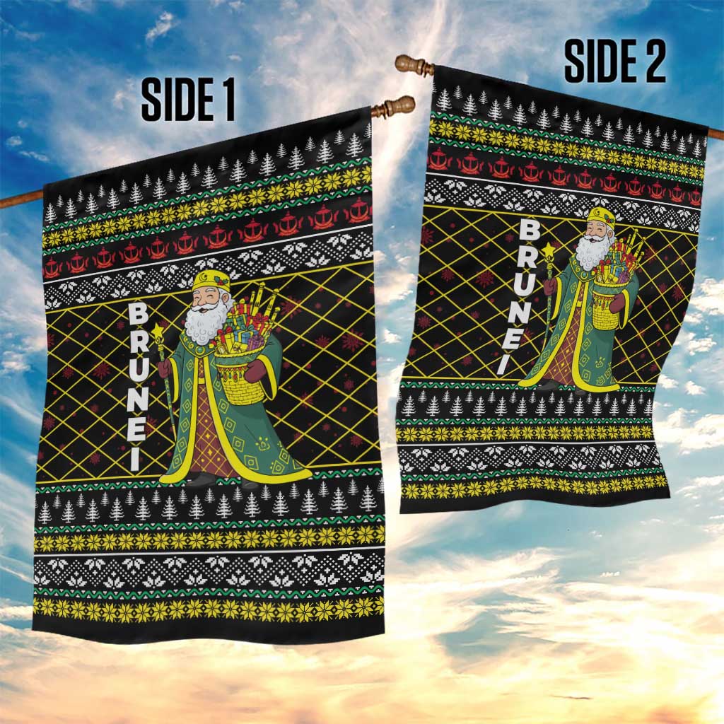 Brunei Christmas Garden Flag with Traditional Santa Gift Basket and Black Yellow Red Holiday Pattern - Wonder Print Shop