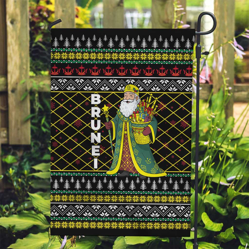 Brunei Christmas Garden Flag with Traditional Santa Gift Basket and Black Yellow Red Holiday Pattern - Wonder Print Shop