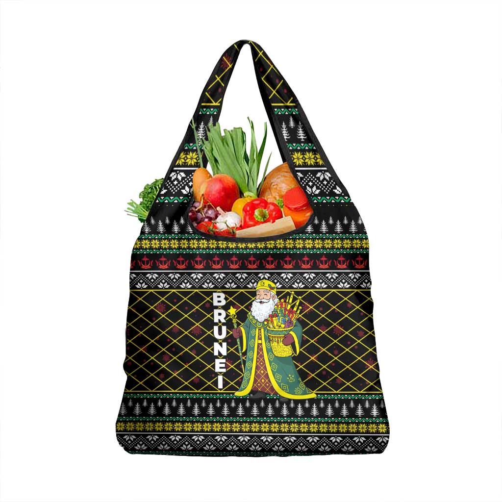 Brunei Christmas Grocery Bag with Traditional Santa Gift Basket and Black Yellow Red Holiday Pattern - Wonder Print Shop