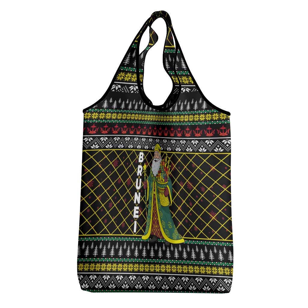 Brunei Christmas Grocery Bag with Traditional Santa Gift Basket and Black Yellow Red Holiday Pattern - Wonder Print Shop