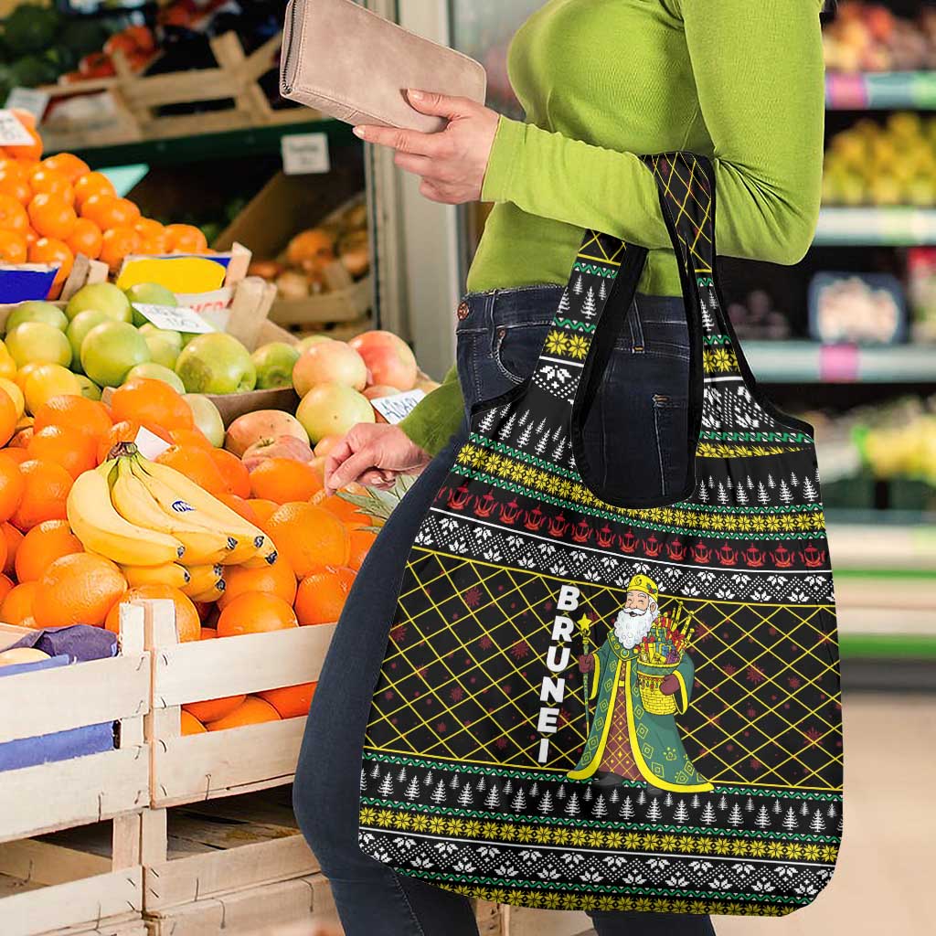 Brunei Christmas Grocery Bag with Traditional Santa Gift Basket and Black Yellow Red Holiday Pattern - Wonder Print Shop
