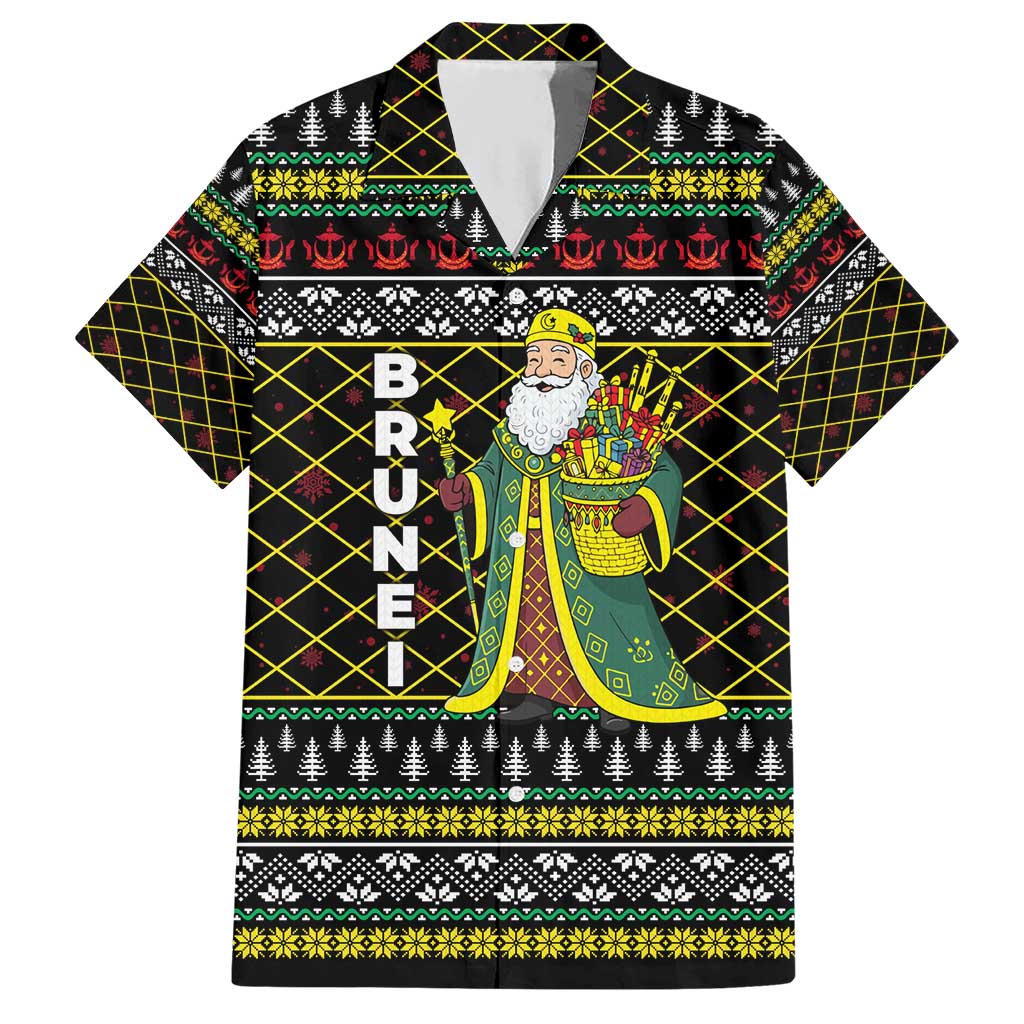 Brunei Christmas Hawaiian Shirt with Traditional Santa Gift Basket and Black Yellow Red Holiday Pattern - Wonder Print Shop
